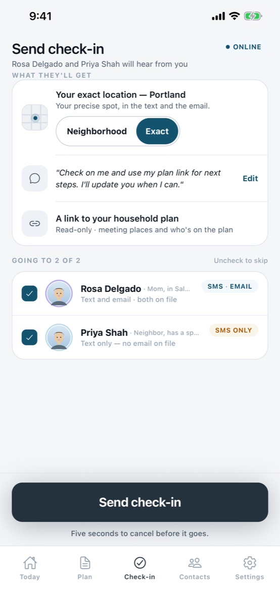 Send check-in: the message, a link to the household plan, and the two contacts who will get it by text and email
