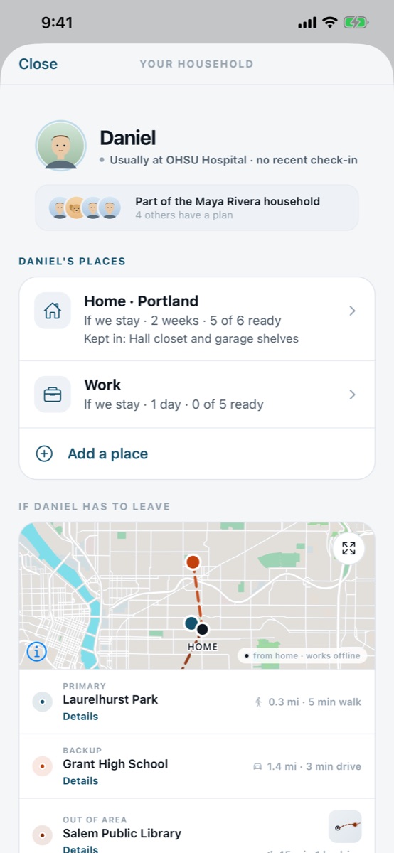 Daniel's places: home and work, each with its stay supplies, and a map of the route from home to the household's meeting place, with the primary, backup and out-of-area meeting places listed below