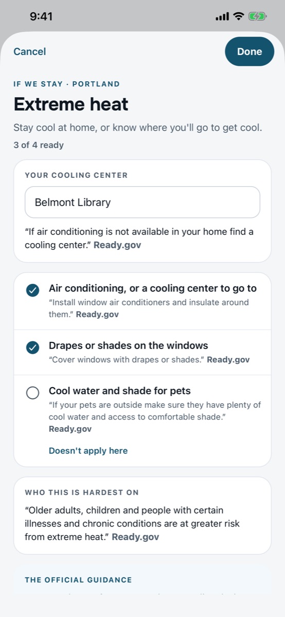 Extreme heat, 3 of 4 ready: a cooling center to go to, air conditioning, shades on the windows, and water and shade for pets, each with Ready.gov's guidance quoted
